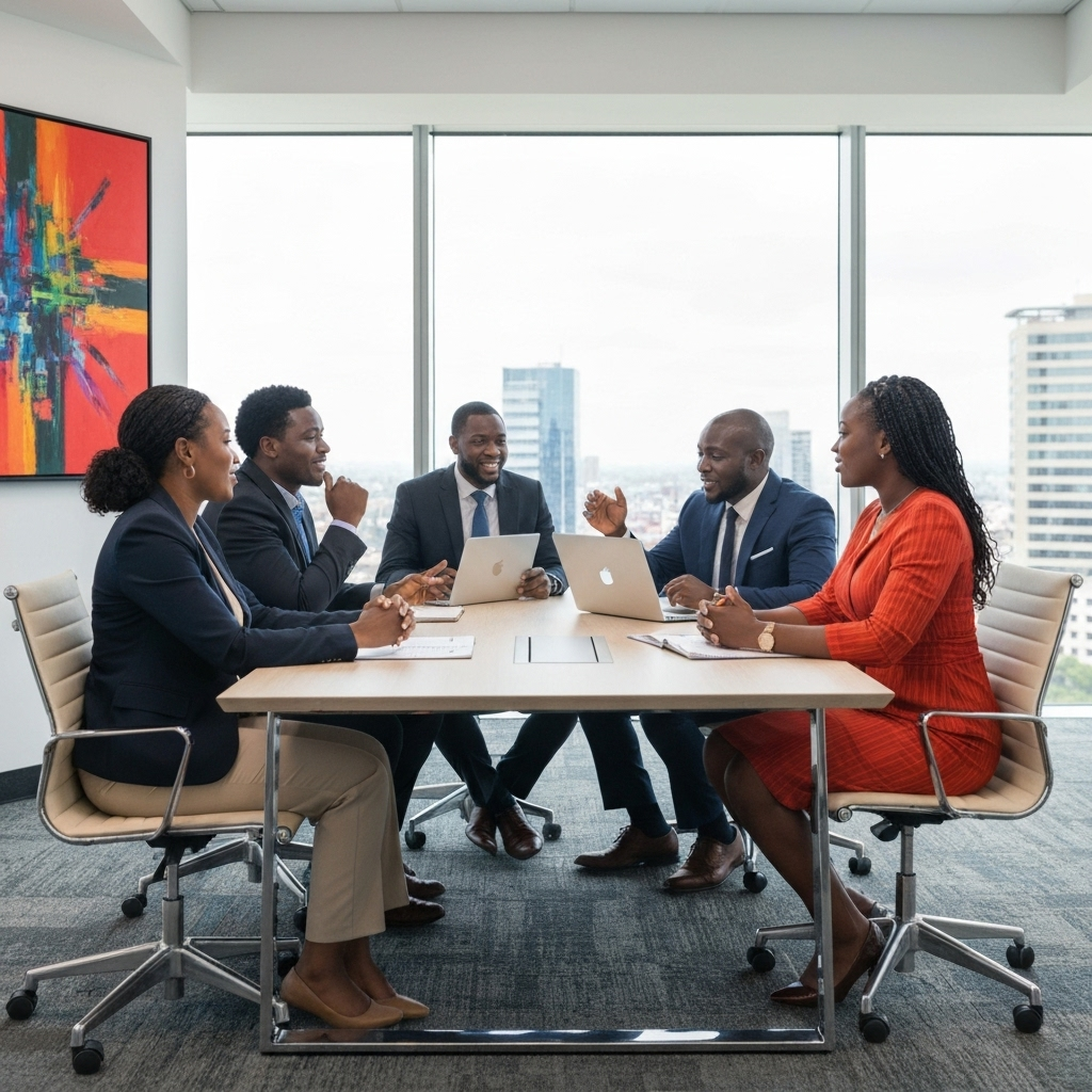 Diverse African leadership team in policy consultation meeting